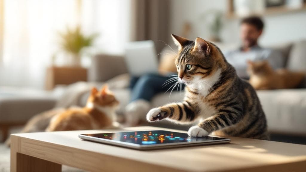 Cat engaging with PurrPlay Studio game on a tablet